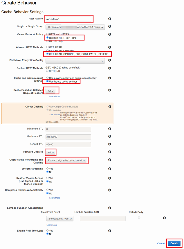 CloudFront ディストリビューションに追加する WordPress 管理画面用の Behavior の設定