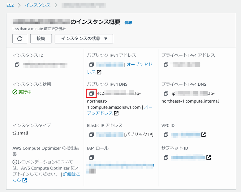 EC2 インスタンス詳細でパブリック IPv4 DNS を取得
