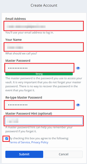 Bitwarden のサインアップに必要な情報