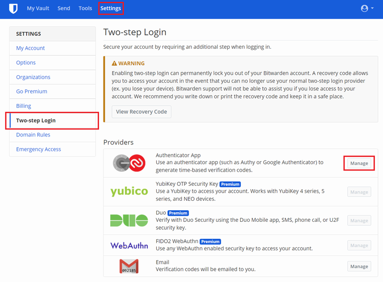 Bitwarden で多要素認証を有効にする