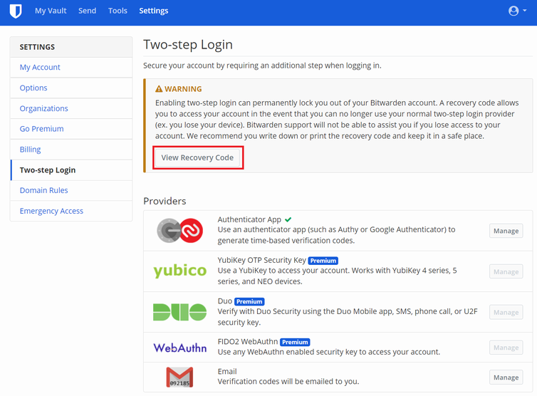 Bitwarden での多要素認証のリカバリーコードを取得