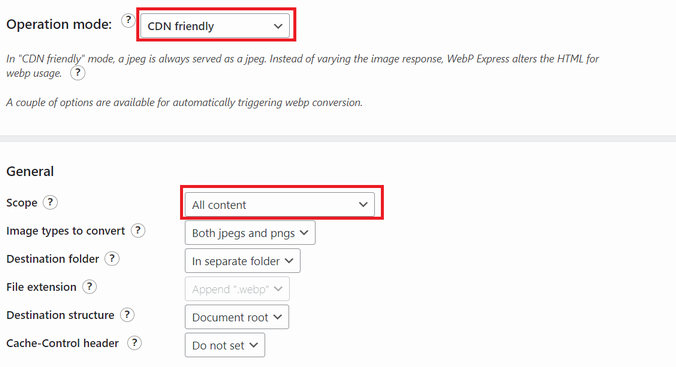 WebP Express のモードを CDN Friendly に、さらに全画像を対象にする