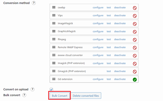 WebP Express の Bulk convert で画像を WebP に一斉変換