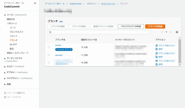CodeCommit のブランチ管理画面